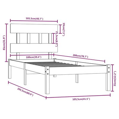 vidaXL Estructura de cama de madera maciza 100x200 cm