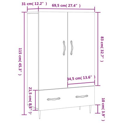 vidaXL Aparador alto madera de ingeniería blanco brillo 69,5x31x115 cm