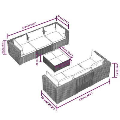 vidaXL Set de muebles de jardín y cojines 7 pzas ratán sintético negro