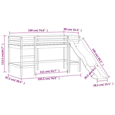 vidaXL Cama alta niños con torre madera pino blanco negro 90x190 cm