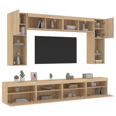 vidaXL Muebles de TV de pared con luces LED 8 piezas roble sonoma