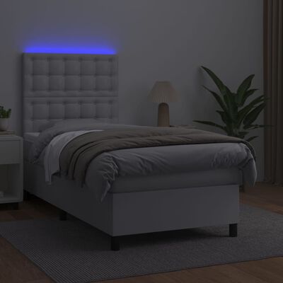 vidaXL Cama box spring y colchón LED cuero sintético blanco 90x200 cm