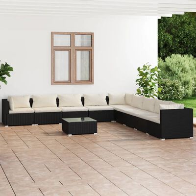 vidaXL Set muebles de jardín 10 pzas y cojines ratán sintético negro