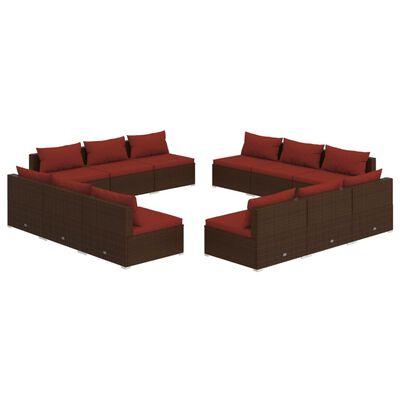 vidaXL Set muebles de jardín y cojines 12 pzas ratán sintético marrón