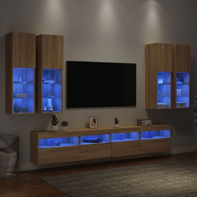 vidaXL Muebles de TV de pared con luces LED 7 piezas roble sonoma