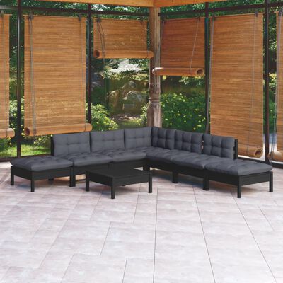 vidaXL Muebles de jardín 8 pzas con cojines negro madera de pino