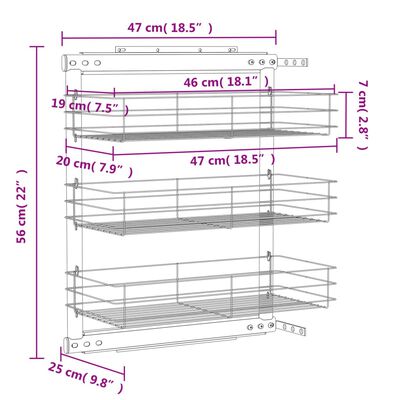 vidaXL Cesta de cocina extraíble 3 niveles plateada 47x25x56 cm