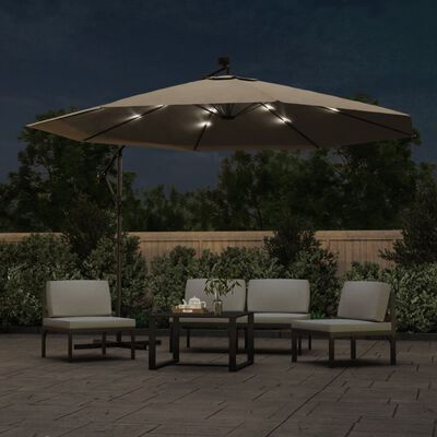 vidaXL Sombrilla voladiza jardín con luces LED palo acero taupe 350 cm