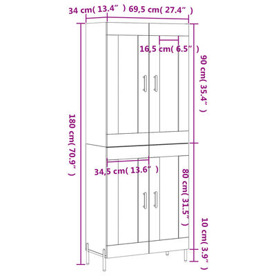 vidaXL Aparador alto madera contrachapada blanco 69,5x34x180 cm