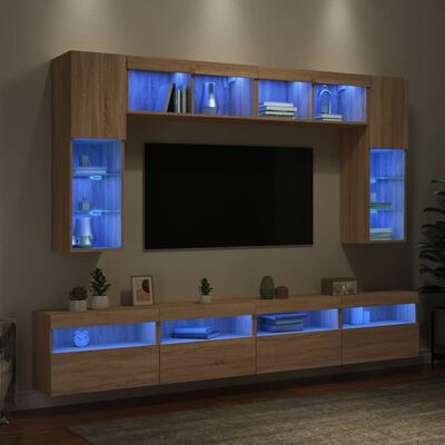 vidaXL Muebles de TV de pared con luces LED 8 piezas roble sonoma