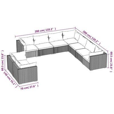 vidaXL Set muebles de jardín 9 piezas y cojines ratán sintético marrón