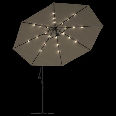 vidaXL Sombrilla voladiza jardín con luces LED palo acero taupe 350 cm