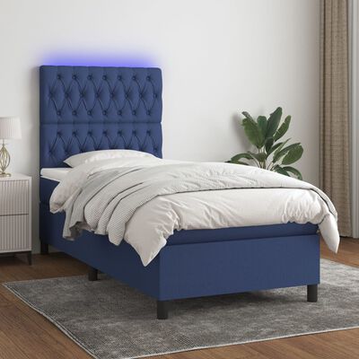 vidaXL Cama box spring colchón y luces LED tela azul 90x190 cm