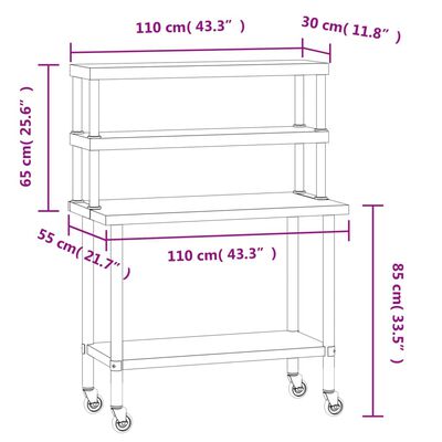 vidaXL Mesa de trabajo para cocina con estante acero inox 110x55x150cm