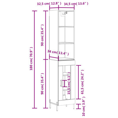 vidaXL Aparador alto madera contrachapada blanco brillo 34,5x34x180 cm