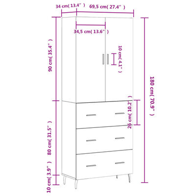 vidaXL Aparador alto madera contrachapada color roble 69,5x34x180 cm