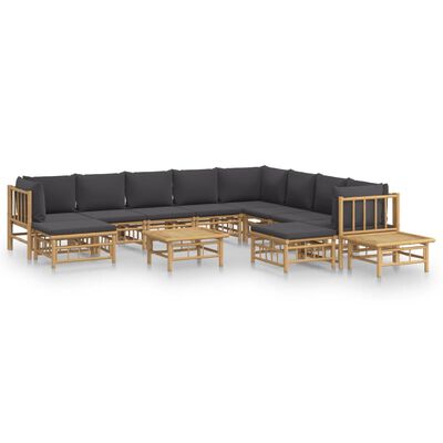 vidaXL Set de muebles de jardín 12 pzas bambú con cojines gris oscuro