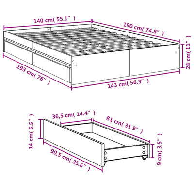 vidaXL Cama con cajones madera de ingeniería roble ahumado 140x190 cm