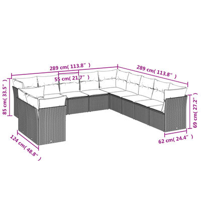 vidaXL Set de sofás de jardín 11 pzas y cojines ratán sintético gris