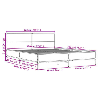 vidaXL Estructura cama madera ingeniería metal marrón roble 120x200 cm