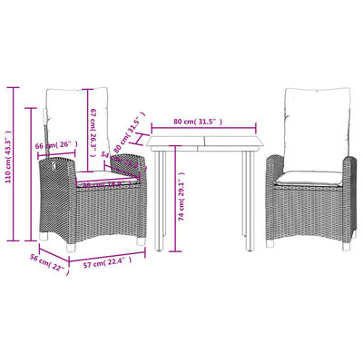 vidaXL Set comedor de jardín 3 pzas con cojines ratán sintético beige