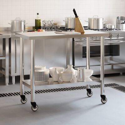 vidaXL Mesa de trabajo de cocina con ruedas acero inox 110x55x85 cm