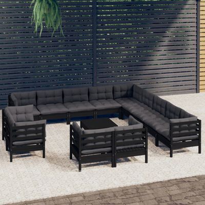 vidaXL Muebles de jardín 14 pzas con cojines negro madera maciza pino