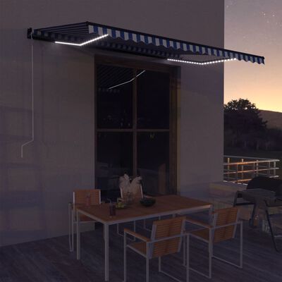 vidaXL Toldo con LED y sensor de viento azul y blanco 450x300 cm