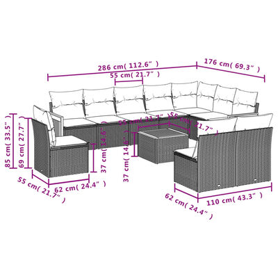 vidaXL Set de sofás de jardín 11 pzas y cojines ratán sintético negro