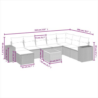 vidaXL Set de muebles de jardín 9 pzas y cojines ratán sintético gris