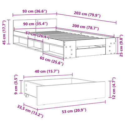 vidaXL Cama con cajón madera ingeniería roble Sonoma 90x200 cm