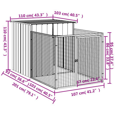 vidaXL Caseta perros con corral acero galvanizado gris 110x201x110 cm