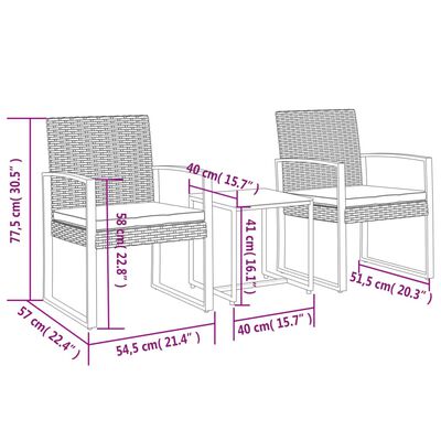 vidaXL Set comedor jardín 3 pzas cojines PP aspecto ratán gris oscuro