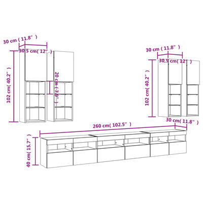 vidaXL Muebles de TV de pared con luces LED 7 piezas roble ahumado