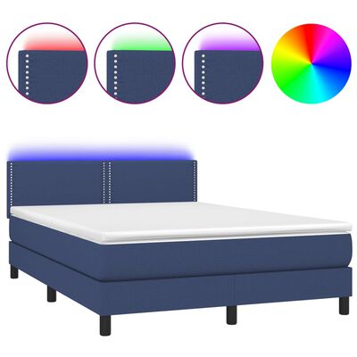 vidaXL Cama box spring colchón y luces LED tela azul 140x190 cm