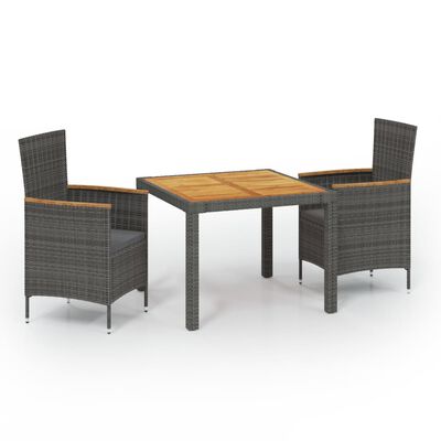 vidaXL Set comedor de jardín 3 piezas con cojines ratán sintético gris