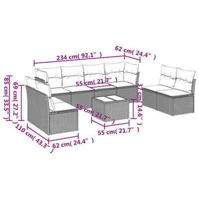 vidaXL Set de muebles de jardín 9 pzas y cojines ratán sintético gris