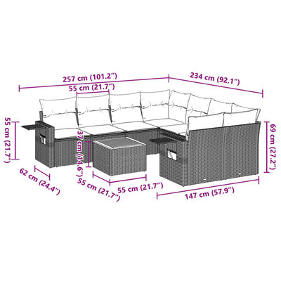 vidaXL Set de muebles de jardín 9 pzas y cojines ratán sintético gris