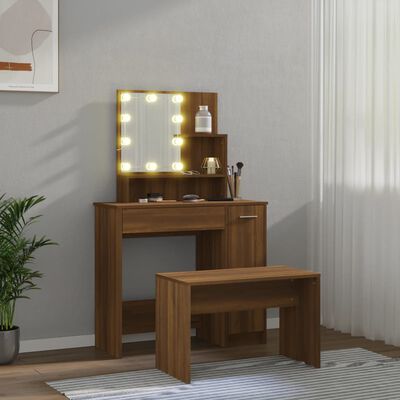 vidaXL Juego de tocador con LED madera contrachapada roble marrón