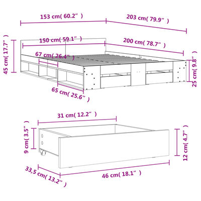 vidaXL Cama con cajones madera ingeniería roble Sonoma 150x200 cm