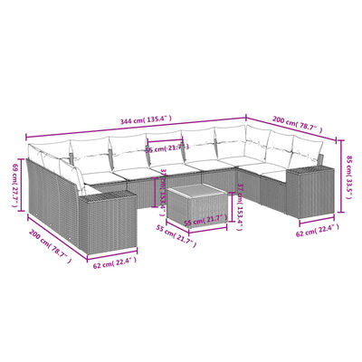 vidaXL Set de sofás de jardín 11 pzas y cojines ratán sintético gris