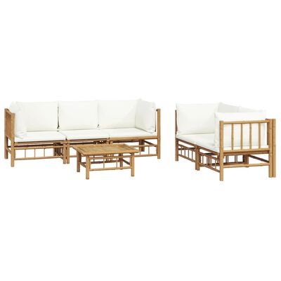 vidaXL Set de muebles de jardín 6 piezas bambú y cojines blanco crema