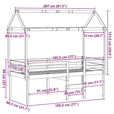 vidaXL Cama alta con techo madera maciza pino blanca 75x190 cm