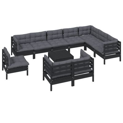 vidaXL Muebles de jardín 11 pzas con cojines negro madera maciza pino