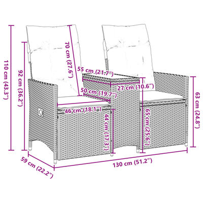 vidaXL Sofá de jardín reclinable de 2 plazas con mesa ratán PE beige