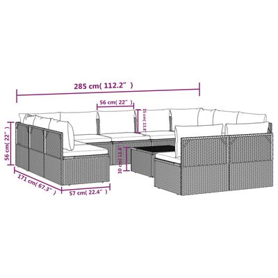 vidaXL Set de muebles de jardín 12 pzas cojines ratán sintético gris