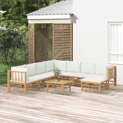 vidaXL Set de muebles de jardín 9 piezas bambú y cojines blanco crema