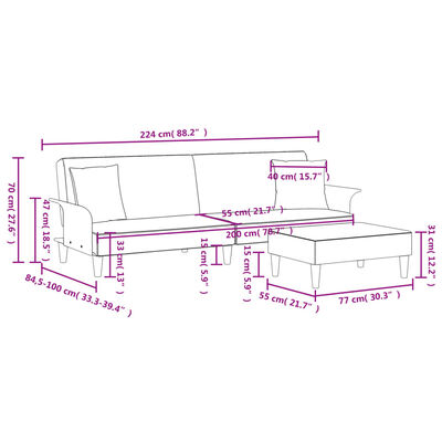 vidaXL Sofá cama 2 plazas y almohadas taburete terciopelo gris oscuro