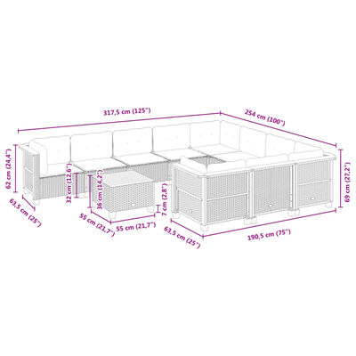 vidaXL Set de sofás de jardín 11 pzas y cojines ratán sintético gris