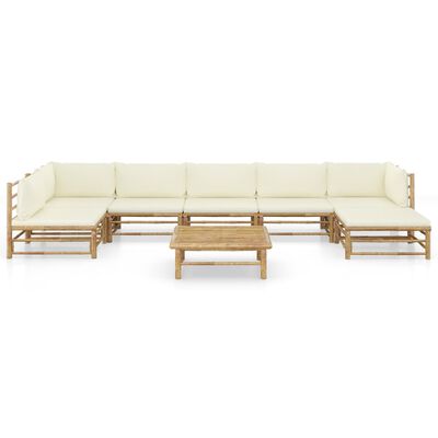 vidaXL Set de muebles de jardín 8 piezas bambú y cojines blanco crema